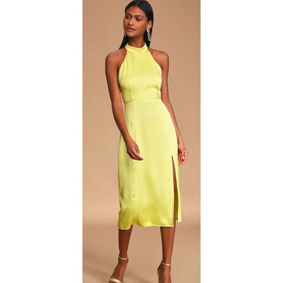 Lulus Perfectly Polished Yellow Halter Midi Dress Size Large - Picture 1 of 8